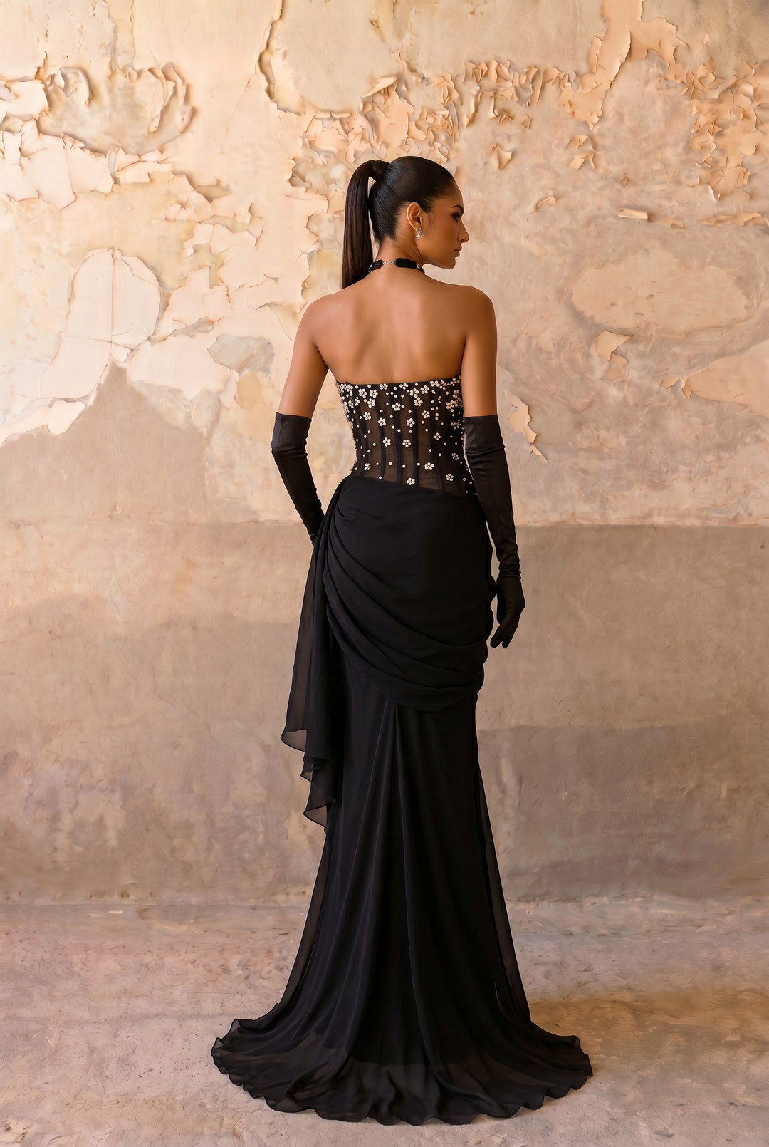 Elegantes Champagner-Abendkleid mit Pailletten und Tüll - Champagner-Kleid für Hochzeitsgäste - Hübsches Paillettenkleid mit langen Ärmeln in Übergröße