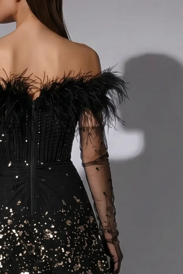 Black Feather Evening Gown with Off-the-Shoulder Neckline, Sequin A-Line Skirt and Sheer Sleeves – Luxury Formal Dress Plus Size