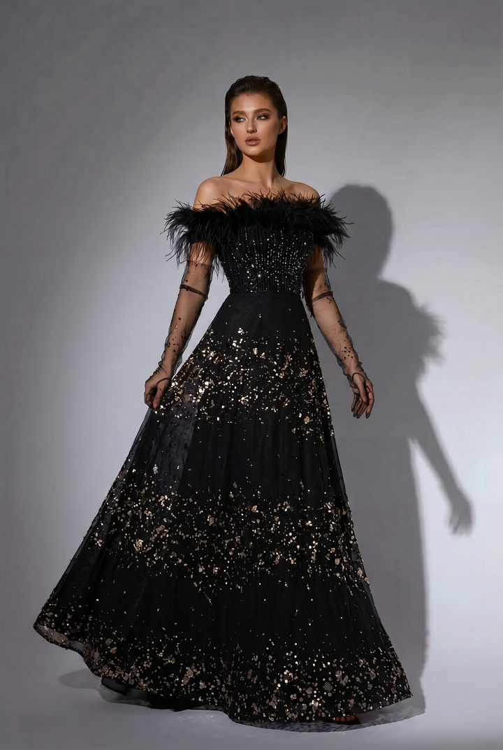 Black Feather Evening Gown with Off-the-Shoulder Neckline, Sequin A-Line Skirt and Sheer Sleeves – Luxury Formal Dress Plus Size