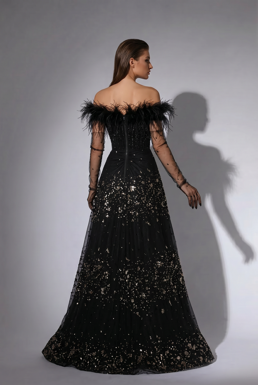 Black Feather Evening Gown with Off-the-Shoulder Neckline, Sequin A-Line Skirt and Sheer Sleeves – Luxury Formal Dress Plus Size