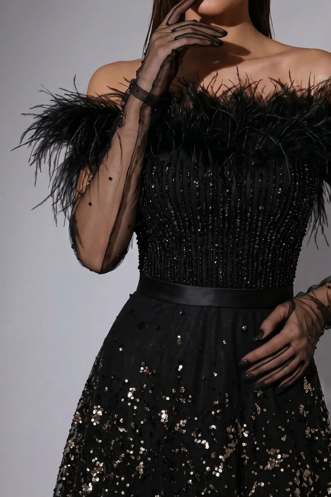 Black Feather Evening Gown with Off-the-Shoulder Neckline, Sequin A-Line Skirt and Sheer Sleeves – Luxury Formal Dress Plus Size