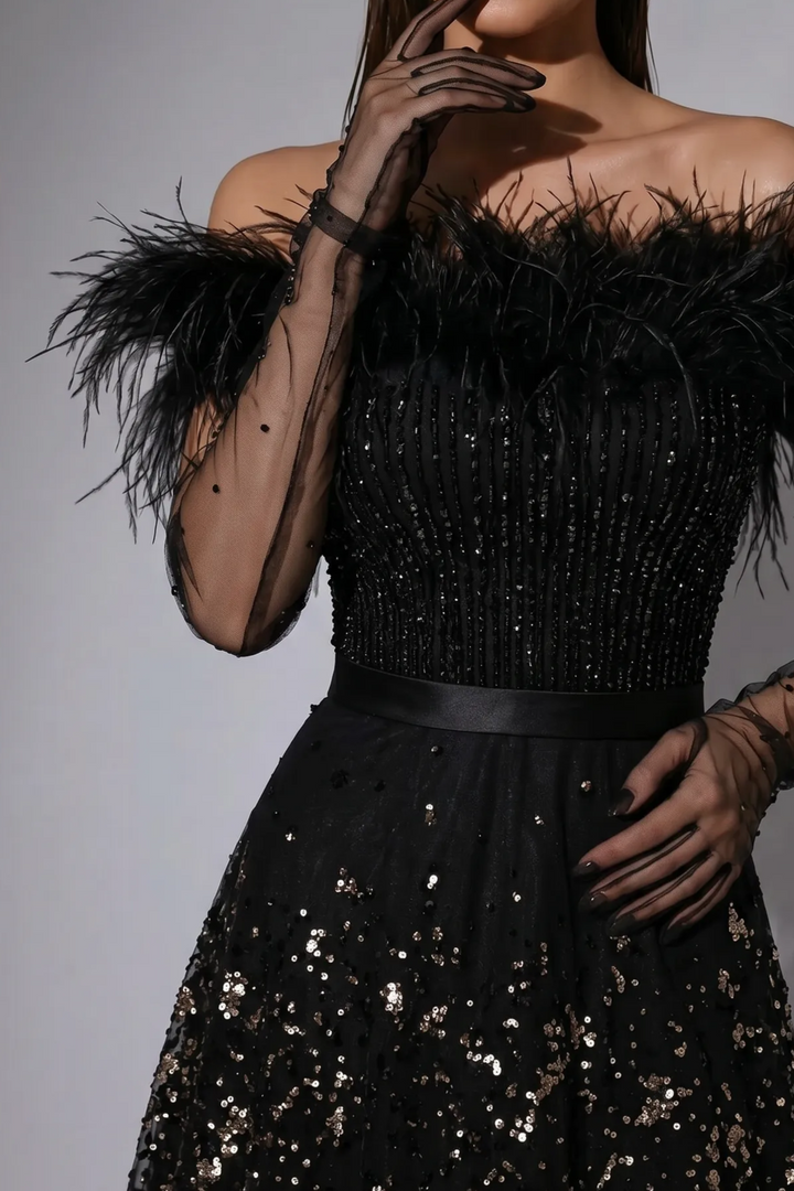 Black Feather Evening Gown with Off-the-Shoulder Neckline, Sequin A-Line Skirt and Sheer Sleeves – Luxury Formal Dress Plus Size