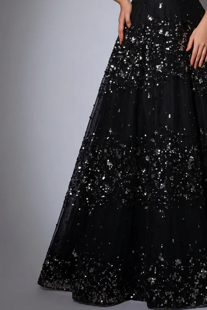 Black Feather Evening Gown with Off-the-Shoulder Neckline, Sequin A-Line Skirt and Sheer Sleeves – Luxury Formal Dress Plus Size