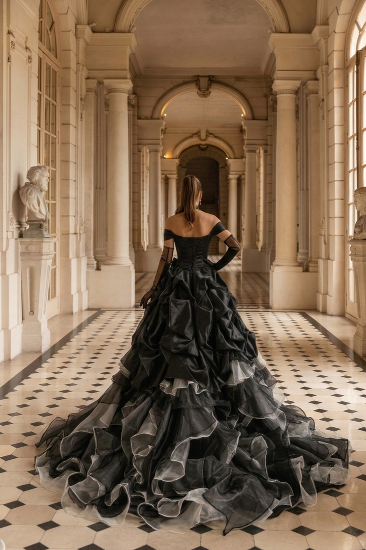Black Gothic Ball Gown with Velvet Bows – Strapless Layered Tulle Ruffle Dress Plus Size