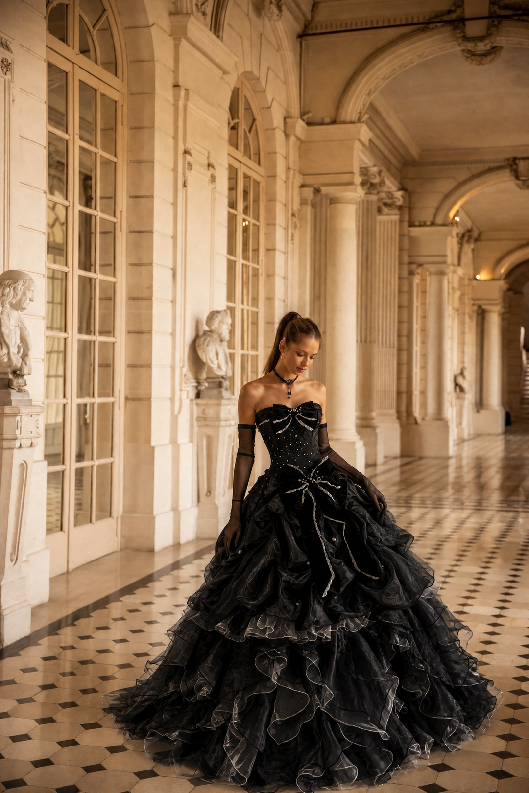 Black Gothic Ball Gown with Velvet Bows – Strapless Layered Tulle Ruff – WonderlandByLilian
