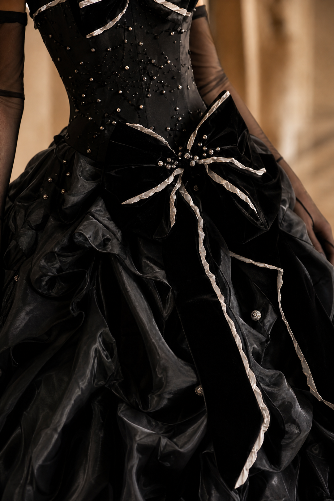 Black Gothic Ball Gown with Velvet Bows – Strapless Layered Tulle Ruffle Dress Plus Size