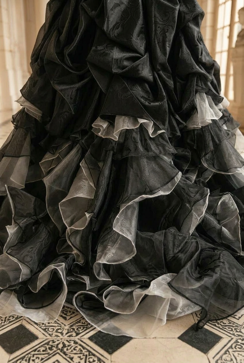 Black Gothic Ball Gown with Velvet Bows – Strapless Layered Tulle Ruffle Dress Plus Size