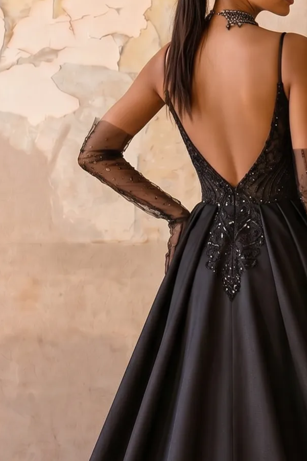 Black Gothic Evening Gown with Detachable Satin Overskirt, Deep V Corset Bodice and Open Back – Luxury Formal Dress Plus Size