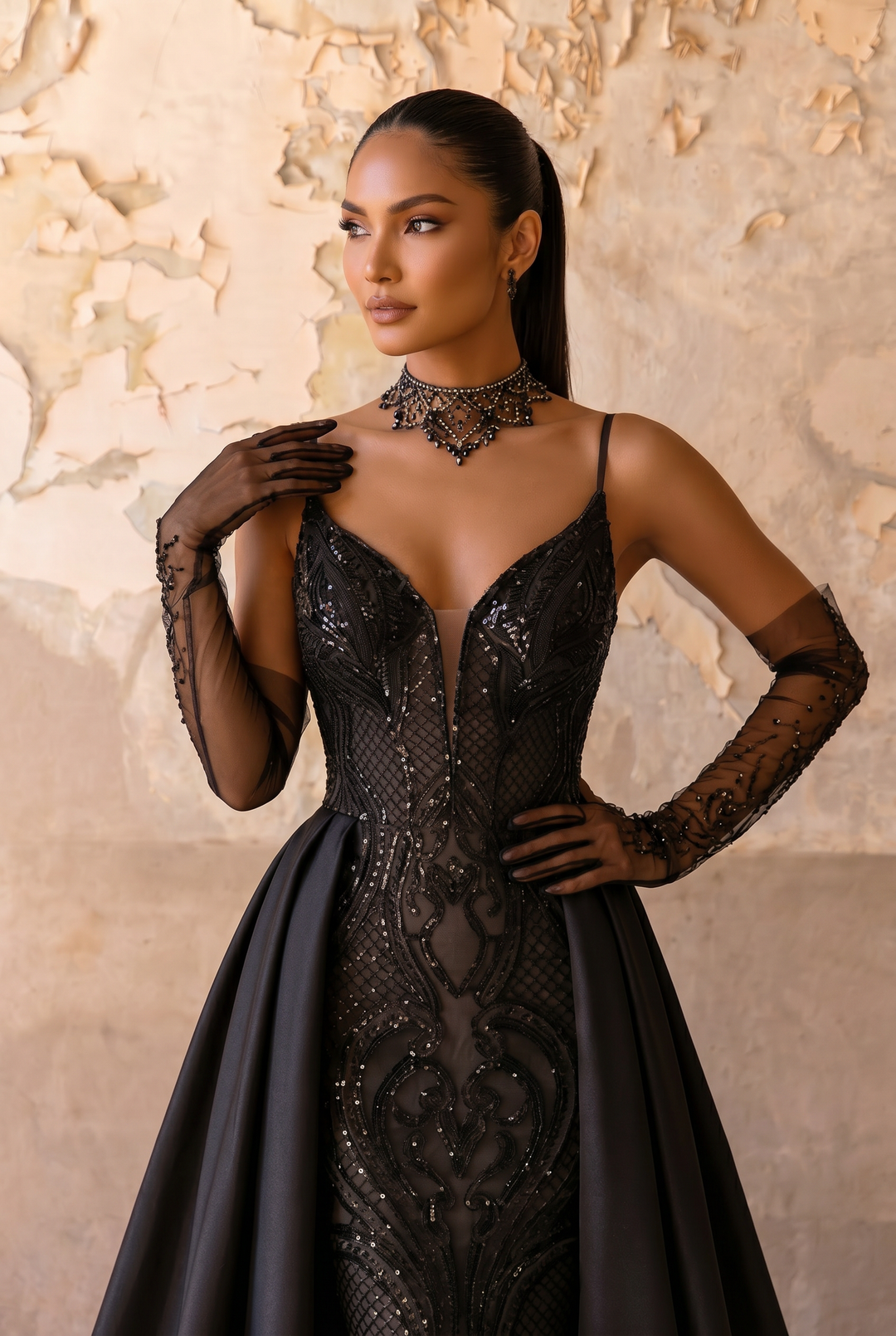 Black Gothic Evening Gown with Detachable Satin Overskirt, Deep V Corset Bodice and Open Back – Luxury Formal Dress Plus Size Size 16W / Black / Dress