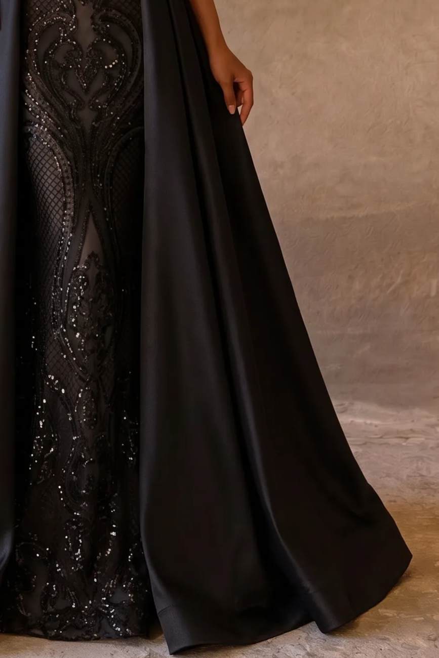 Black Gothic Evening Gown with Detachable Satin Overskirt, Deep V Corset Bodice and Open Back – Luxury Formal Dress Plus Size