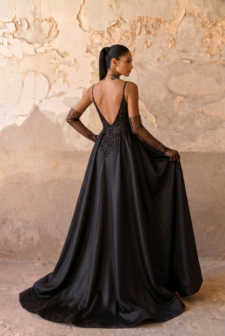 Black Gothic Evening Gown with Detachable Satin Overskirt, Deep V Corset Bodice and Open Back – Luxury Formal Dress Plus Size
