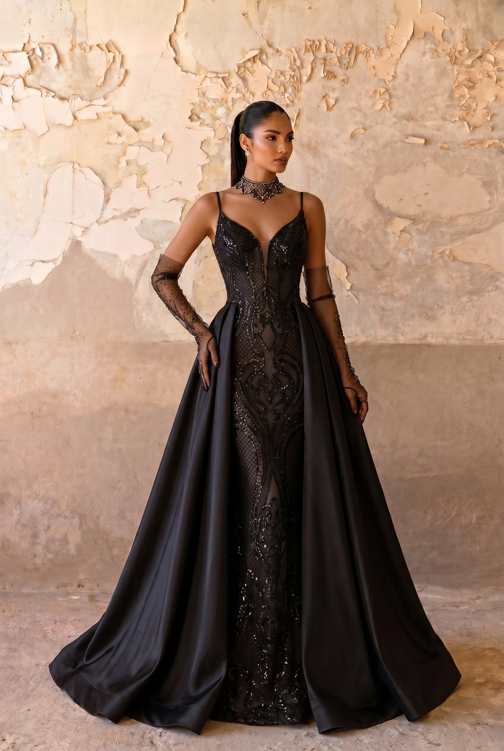 Black Gothic Evening Gown with Detachable Satin Overskirt, Deep V Corset Bodice and Open Back – Luxury Formal Dress Plus Size