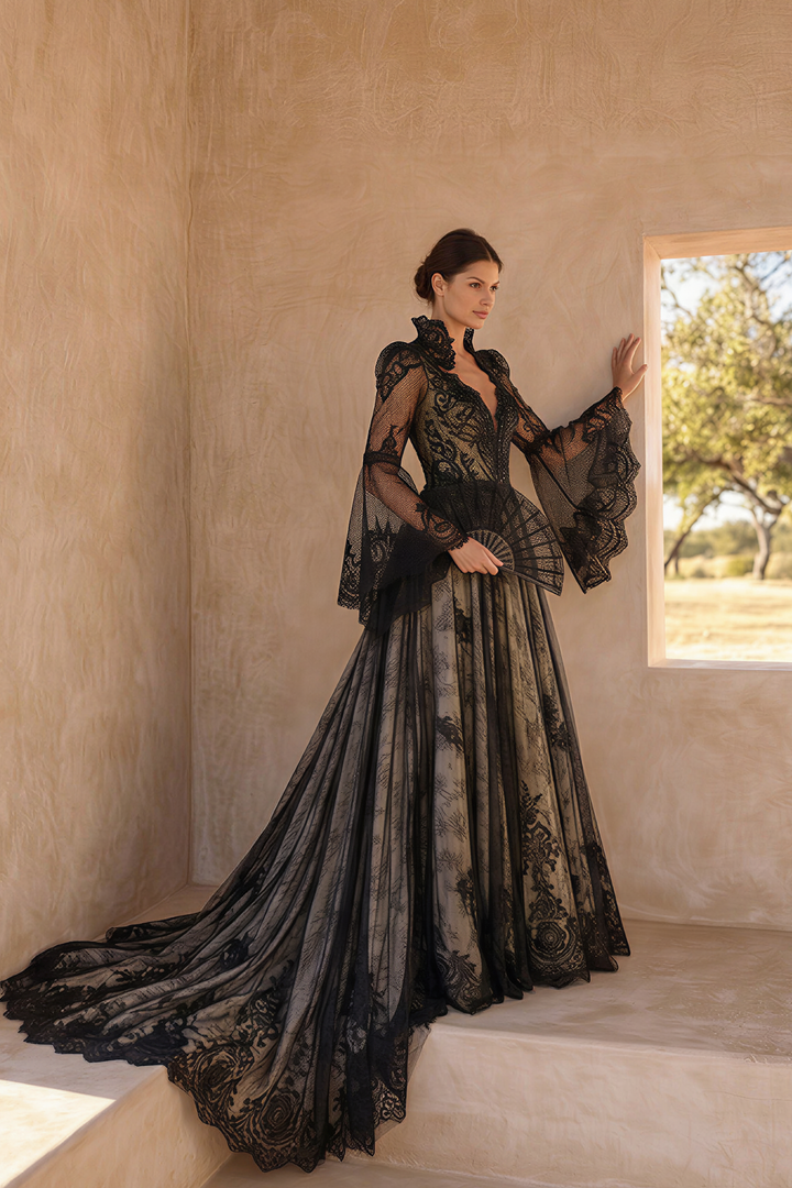 Black Gothic Lace Embroidery Wedding Dress – High Neck Long Sleeve Corset Bridal Gown Plus Size