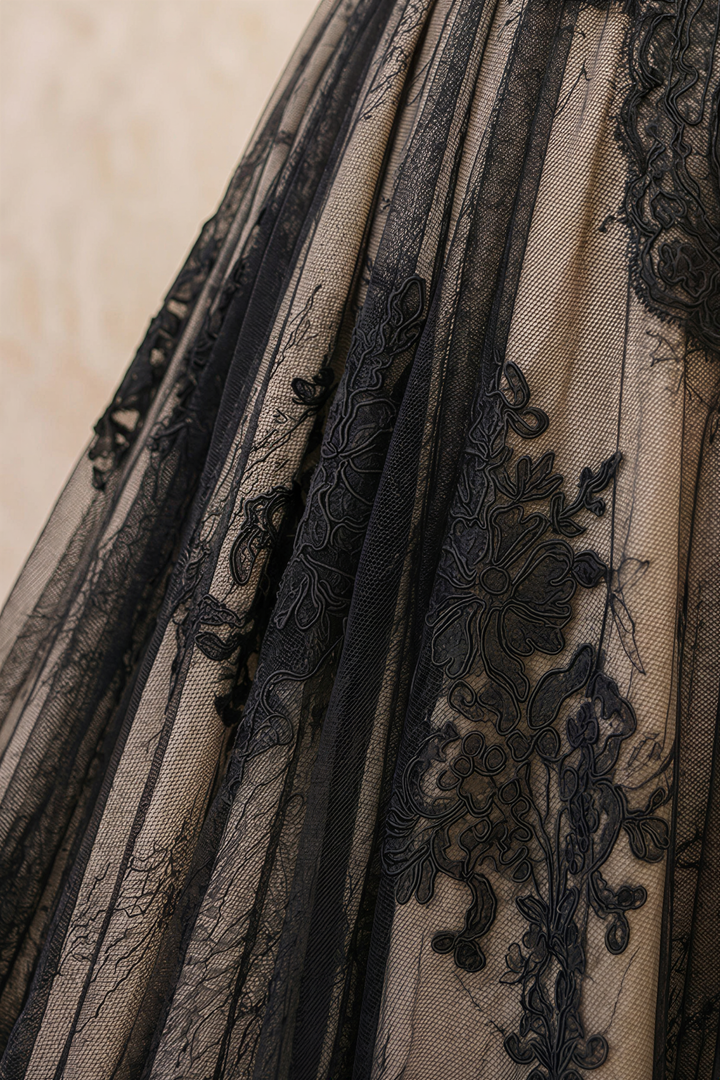 Black Gothic Lace Embroidery Wedding Dress – High Neck Long Sleeve Corset Bridal Gown Plus Size