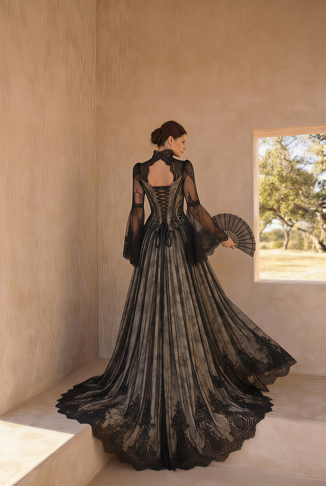 Black Gothic Lace Embroidery Wedding Dress – High Neck Long Sleeve Corset Bridal Gown Plus Size