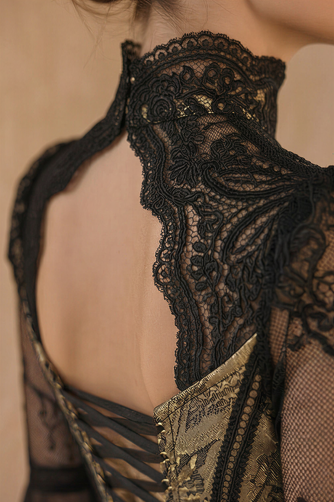 Black Gothic Lace Embroidery Wedding Dress – High Neck Long Sleeve Corset Bridal Gown Plus Size