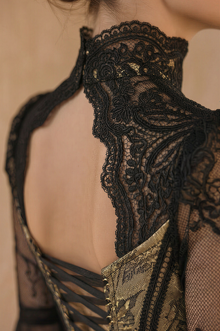 Black Gothic Lace Embroidery Wedding Dress – High Neck Long Sleeve Corset Bridal Gown Plus Size