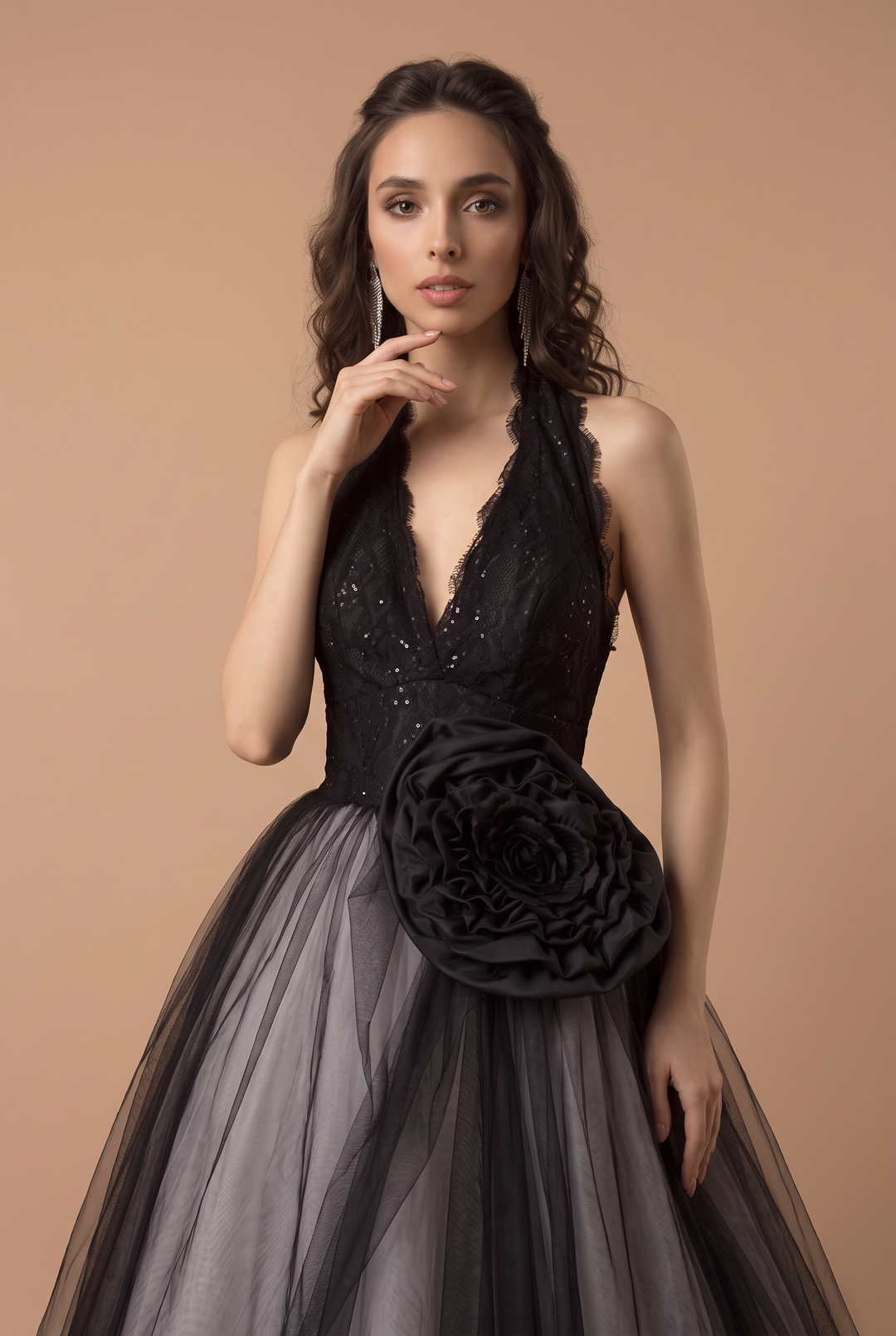 Black Gothic Wedding Dress Deep V Neck Halter Corset Tulle Ball Gown Plus Size