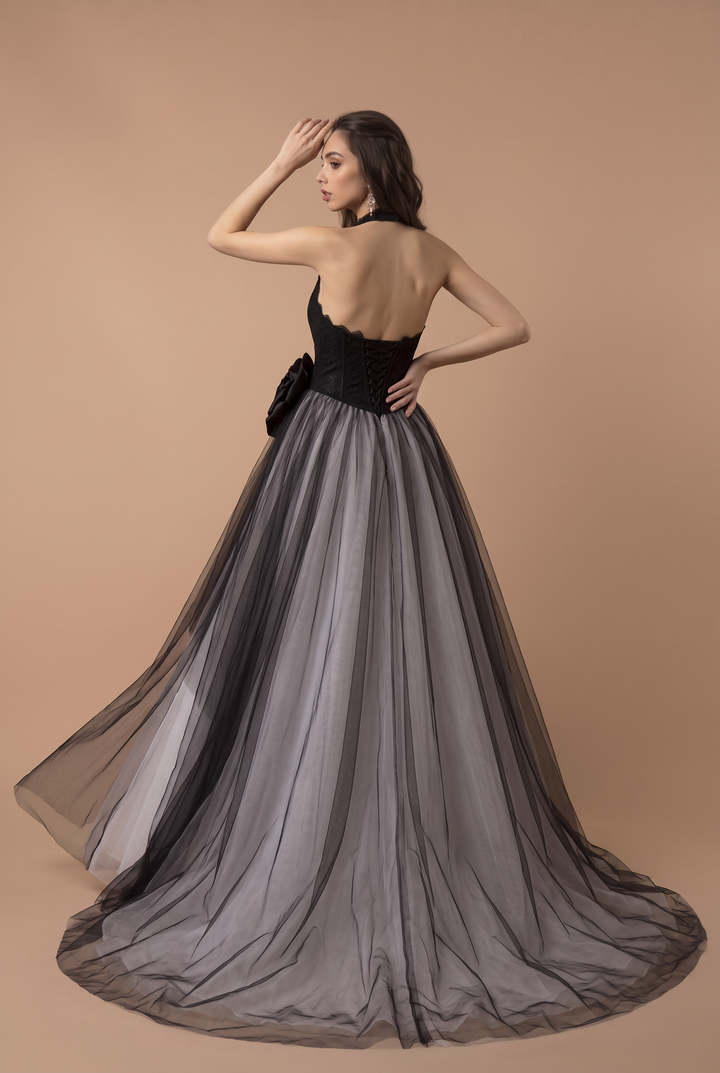 Black Gothic Wedding Dress Deep V Neck Halter Corset Tulle Ball Gown Plus Size
