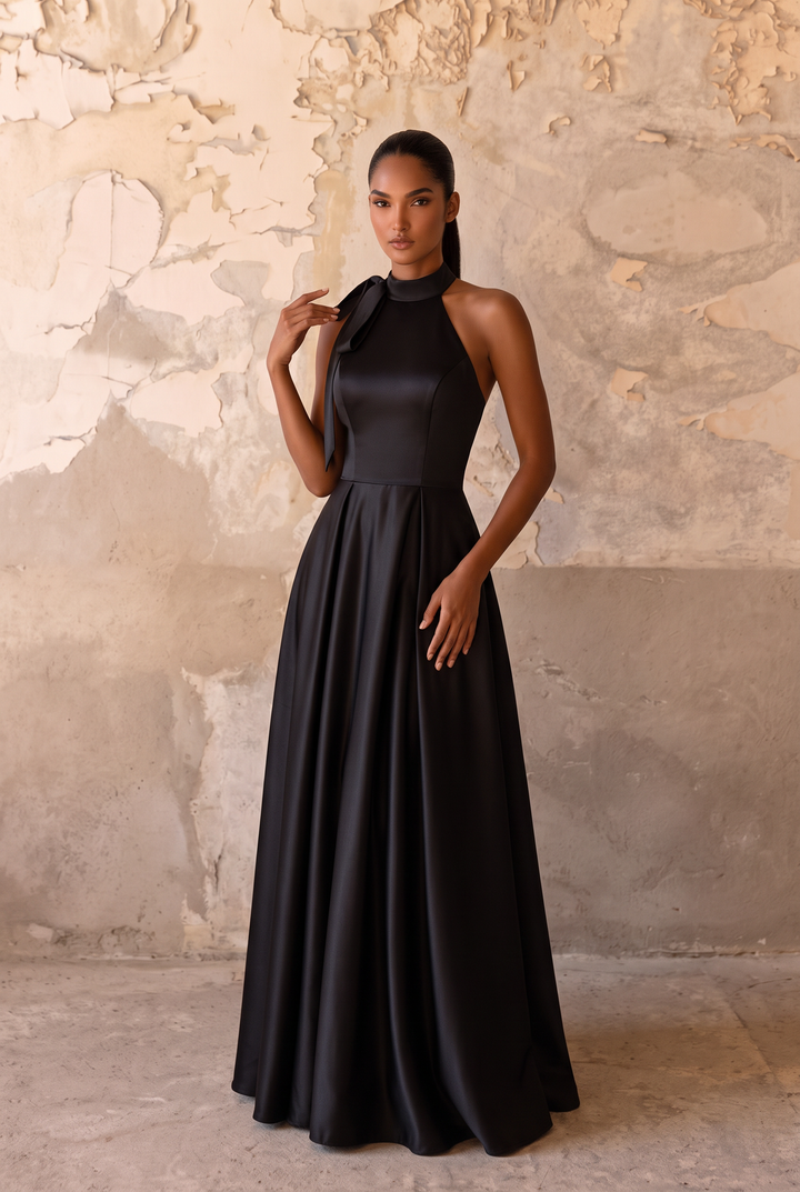 Black Halter Neck Satin Bridesmaid Dress with Bow Open Back A-Line Formal Dress Plus Size