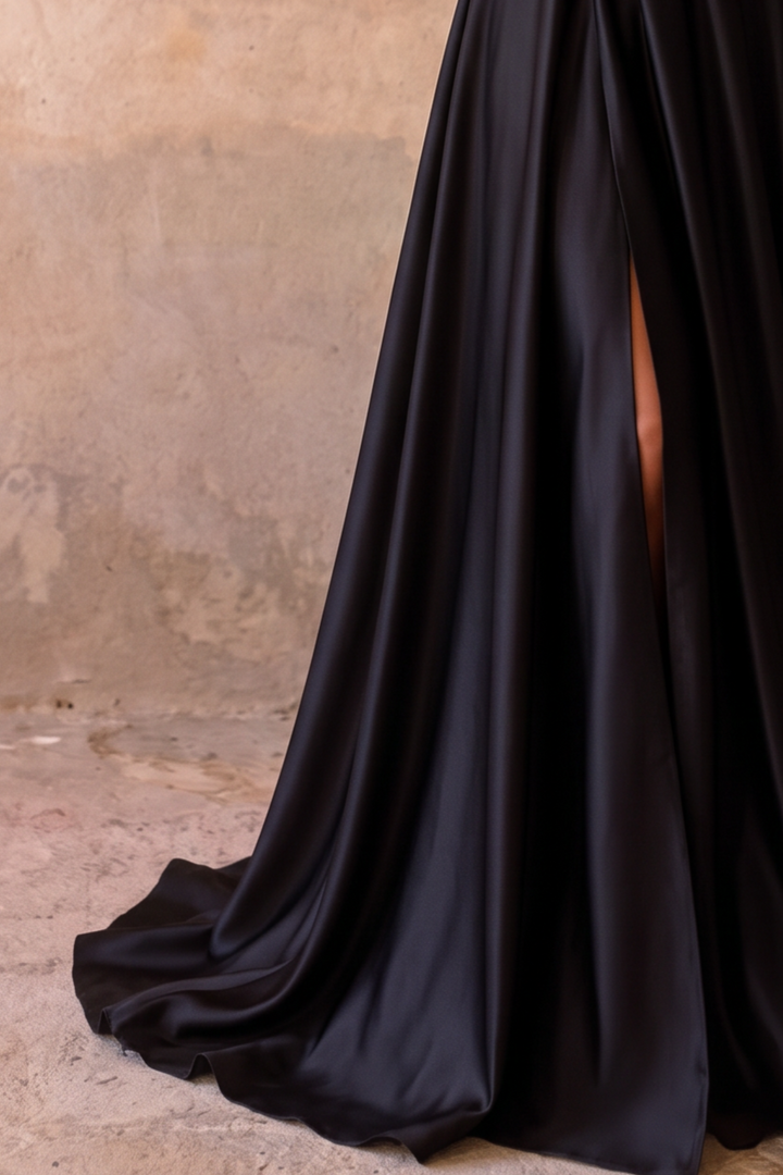 Black Halter Satin Evening Dress with High Slit & Open Back Formal Gown Plus Size