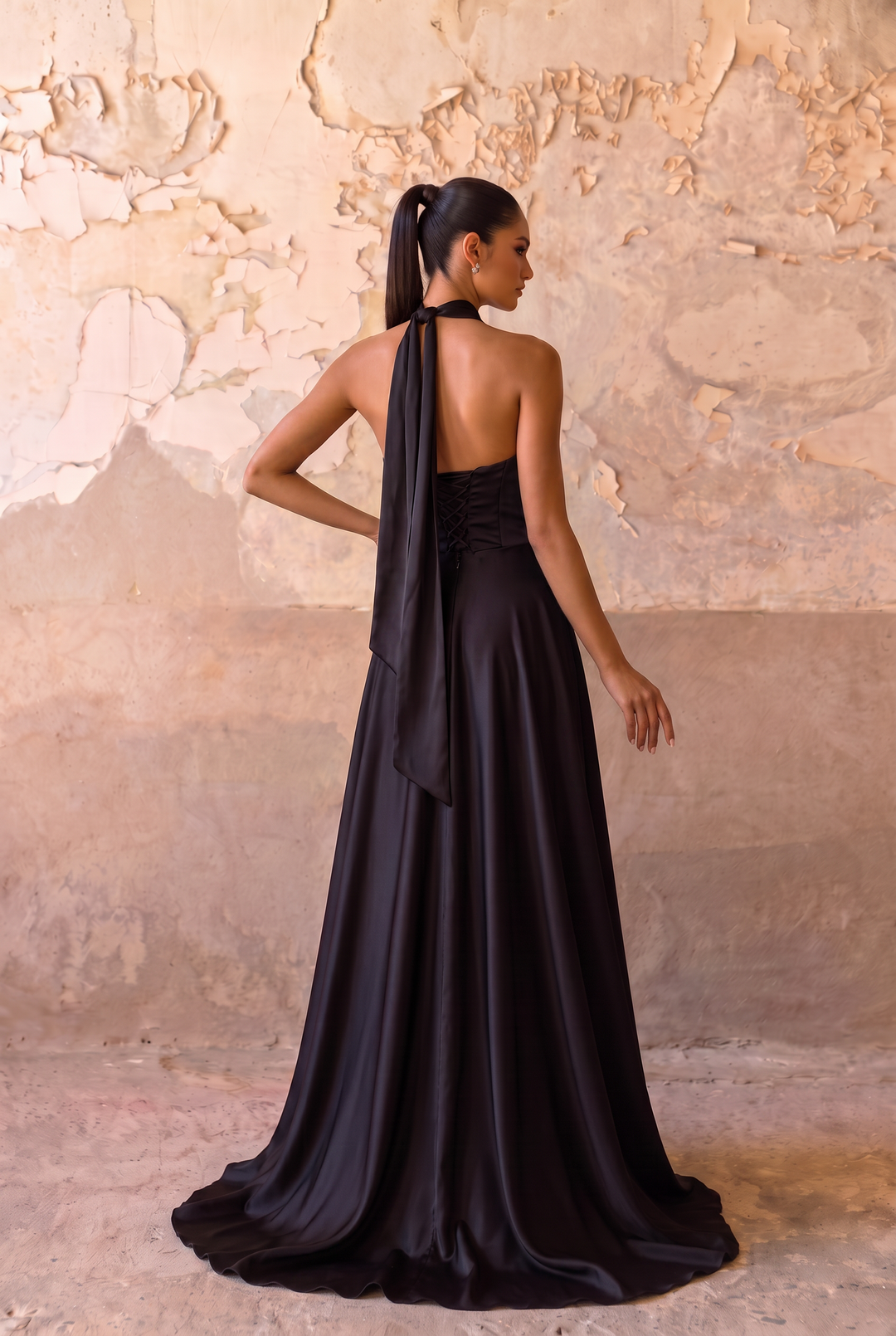 Black Halter Satin Evening Dress with High Slit & Open Back Formal Gown Plus Size