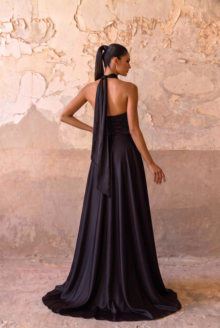 Black Halter Satin Evening Dress with High Slit & Open Back Formal Gown Plus Size