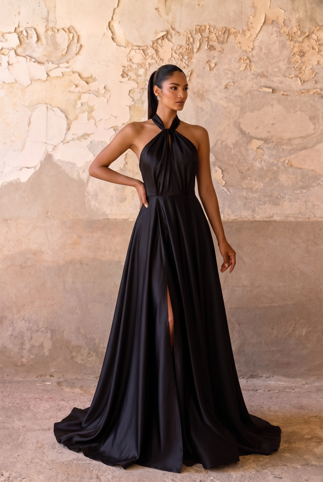 Black Halter Satin Evening Dress with High Slit & Open Back Formal Gown Plus Size