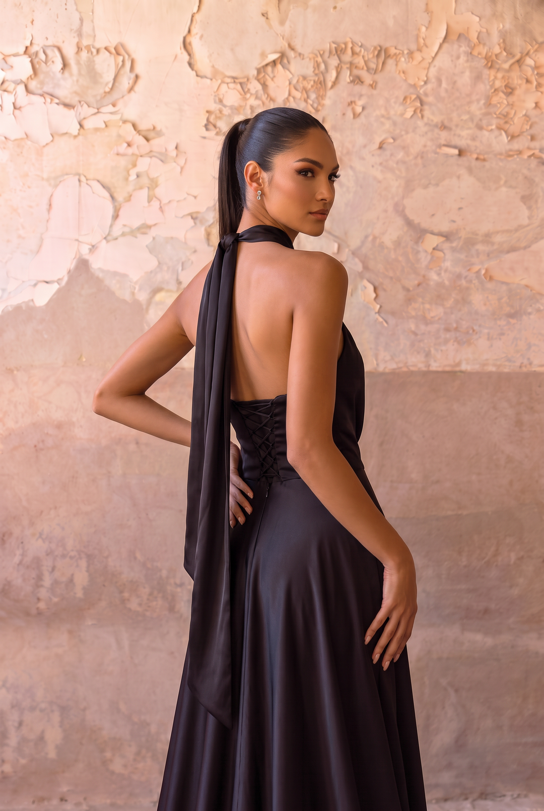 Black Halter Satin Evening Dress with High Slit & Open Back Formal Gown Plus Size