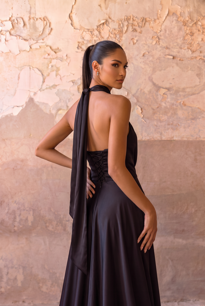Black Halter Satin Evening Dress with High Slit & Open Back Formal Gown Plus Size