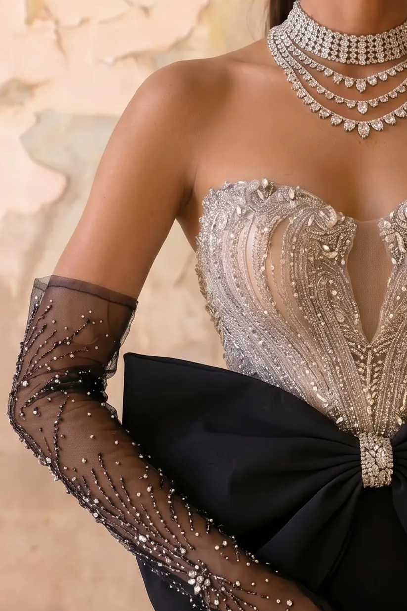 Black Mermaid Evening Gown with Champagne Beaded Corset, Oversized Bow and Strapless Neckline – Formal Dress Plus Size