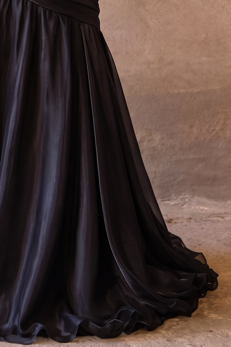 Black Off Shoulder Evening Gown with Draped Bodice - Gothic A-Line Formal Dress with Corset Back Plus Size