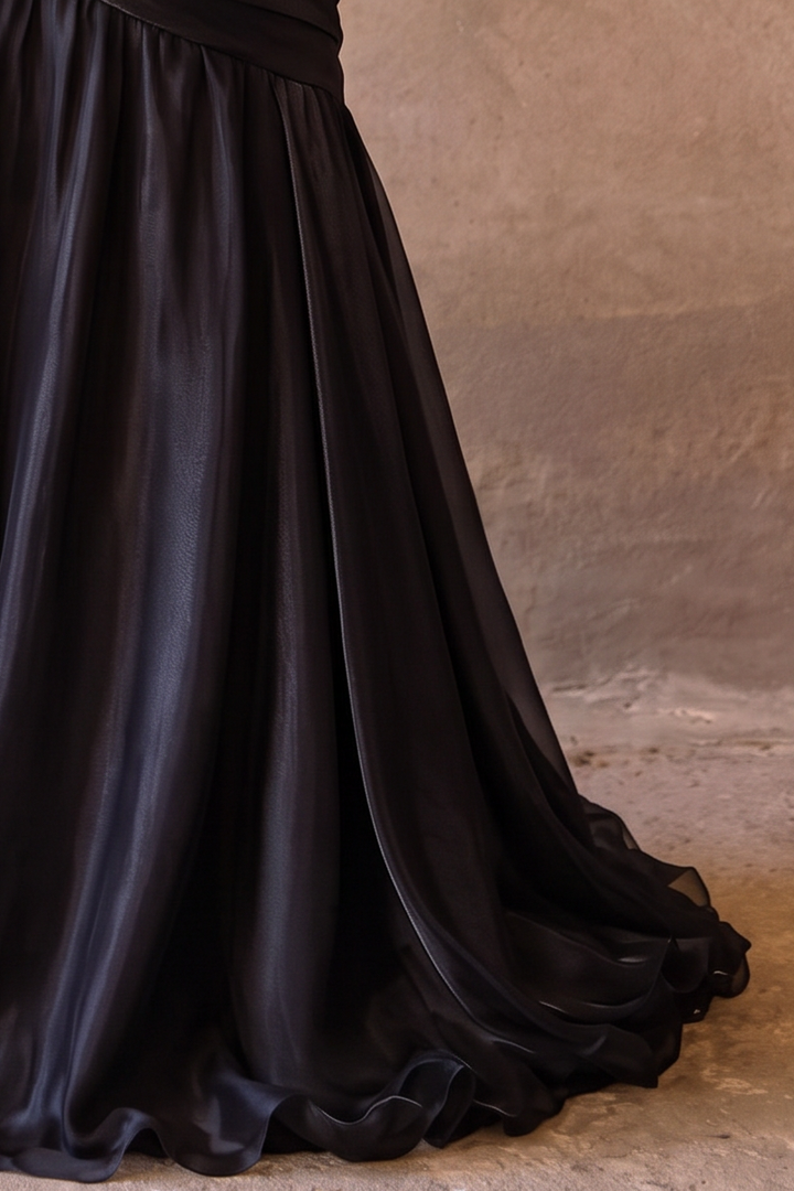 Black Off Shoulder Evening Gown with Draped Bodice - Gothic A-Line Formal Dress with Corset Back Plus Size