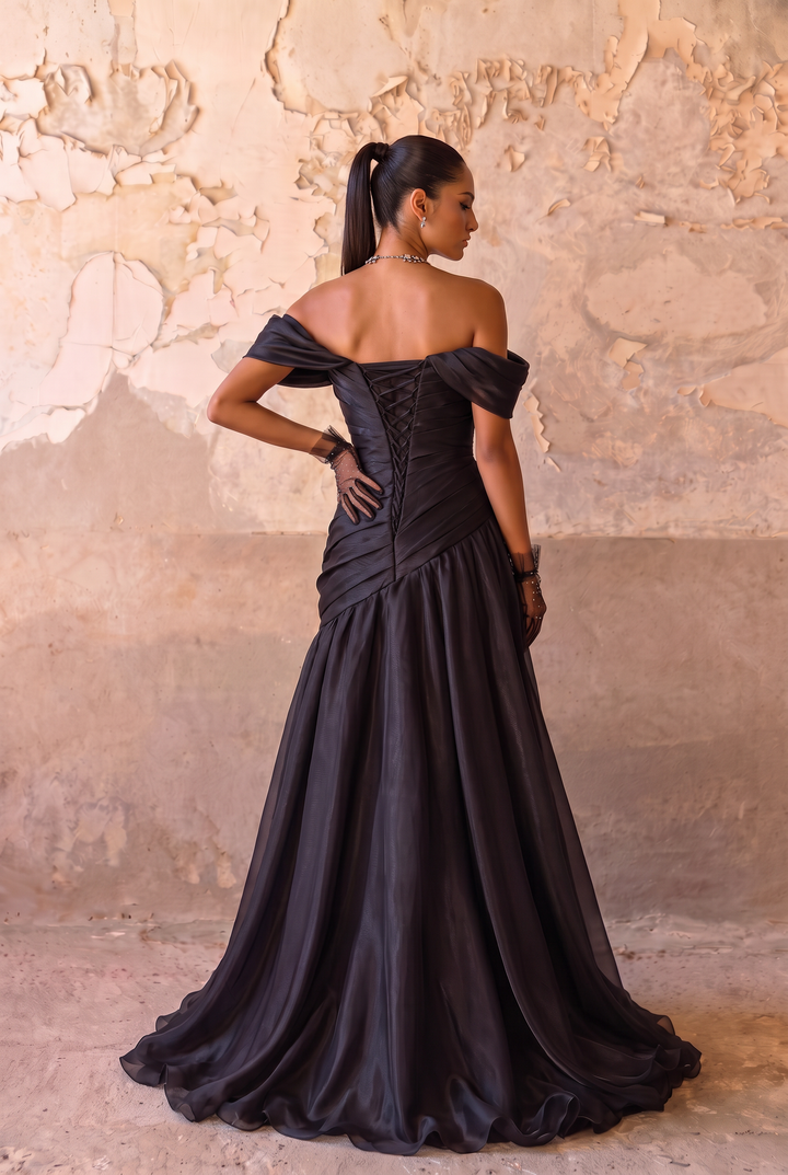 Black Off Shoulder Evening Gown with Draped Bodice - Gothic A-Line Formal Dress with Corset Back Plus Size