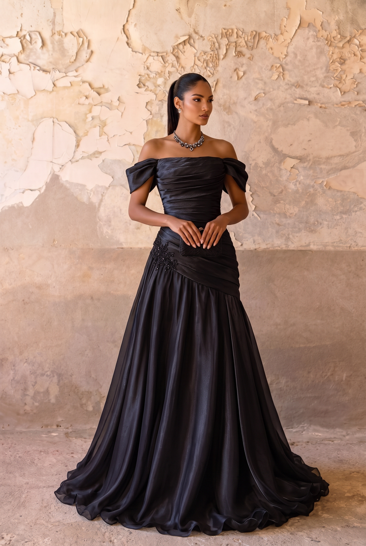 Black Off Shoulder Evening Gown with Draped Bodice - Gothic A-Line Formal Dress with Corset Back Plus Size