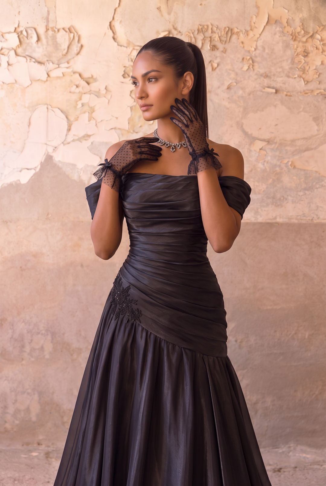 Black Off Shoulder Evening Gown with Draped Bodice - Gothic A-Line Formal Dress with Corset Back Plus Size