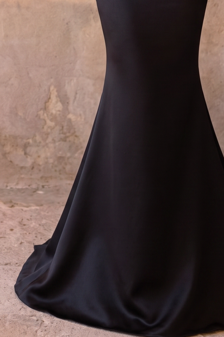 Black Off the Shoulder Satin Mermaid Evening Dress with Sheer Lace Gloves – Elegant Formal Gown Plus Size
