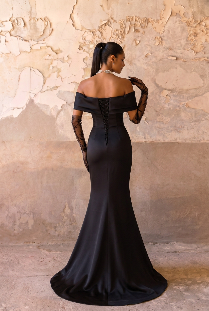 Black Off the Shoulder Satin Mermaid Evening Dress with Sheer Lace Gloves – Elegant Formal Gown Plus Size