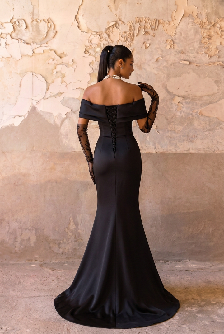 Black Off the Shoulder Satin Mermaid Evening Dress with Sheer Lace Gloves – Elegant Formal Gown Plus Size