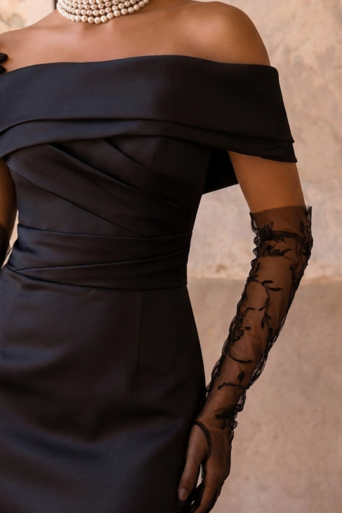 Black Off the Shoulder Satin Mermaid Evening Dress with Sheer Lace Gloves – Elegant Formal Gown Plus Size