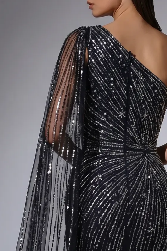 Black One-Shoulder Mermaid Evening Gown with Beaded Cape Sleeve and Sequin Embellishments – Formal Dress Plus Size