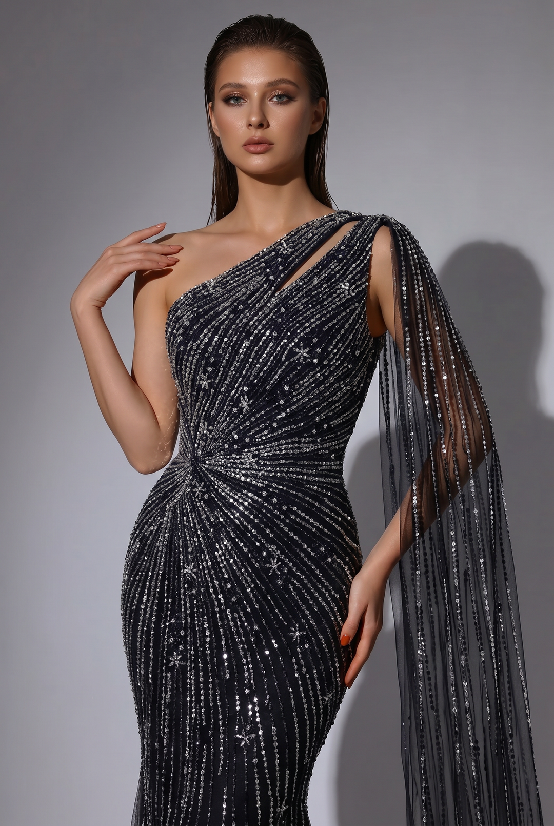 Black One-Shoulder Mermaid Evening Gown with Beaded Cape Sleeve and Sequin Embellishments – Formal Dress Plus Size