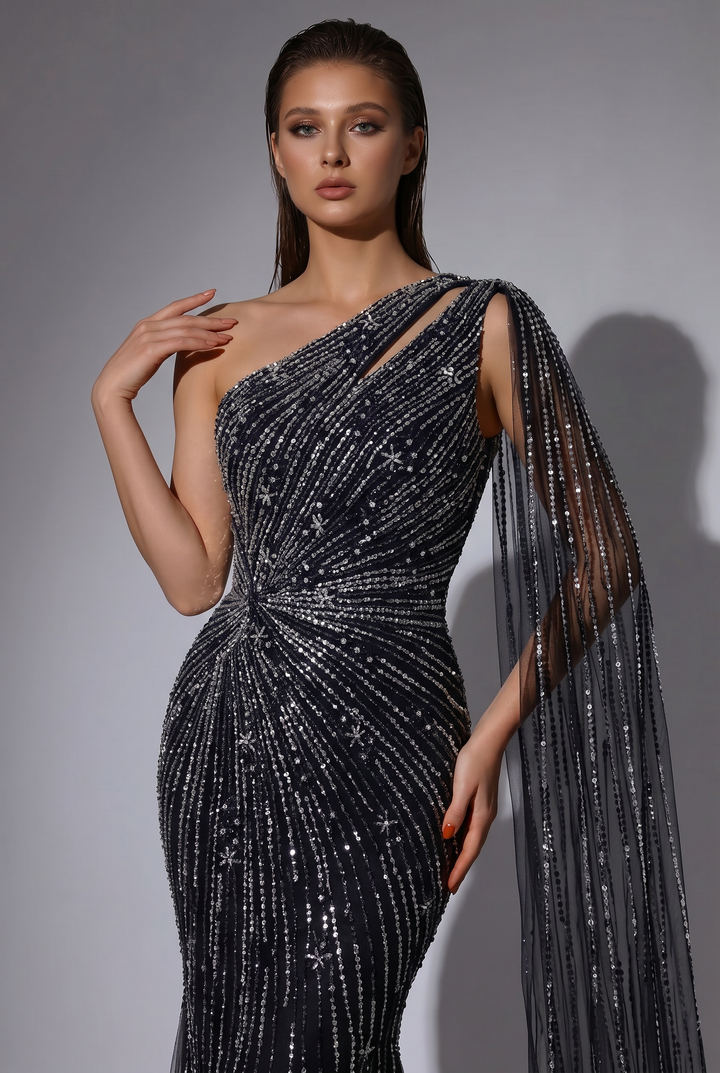 Black One-Shoulder Mermaid Evening Gown with Beaded Cape Sleeve and Sequin Embellishments – Formal Dress Plus Size