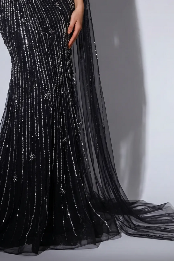 Black One-Shoulder Mermaid Evening Gown with Beaded Cape Sleeve and Sequin Embellishments – Formal Dress Plus Size