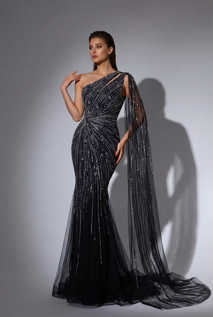 Black One-Shoulder Mermaid Evening Gown with Beaded Cape Sleeve and Sequin Embellishments – Formal Dress Plus Size