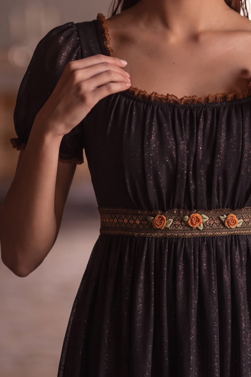 Black Regency Era Empire Waist Gown with Puff Sleeves and Gold Trim – Bridgerton Inspired Vintage Dress Plus Size