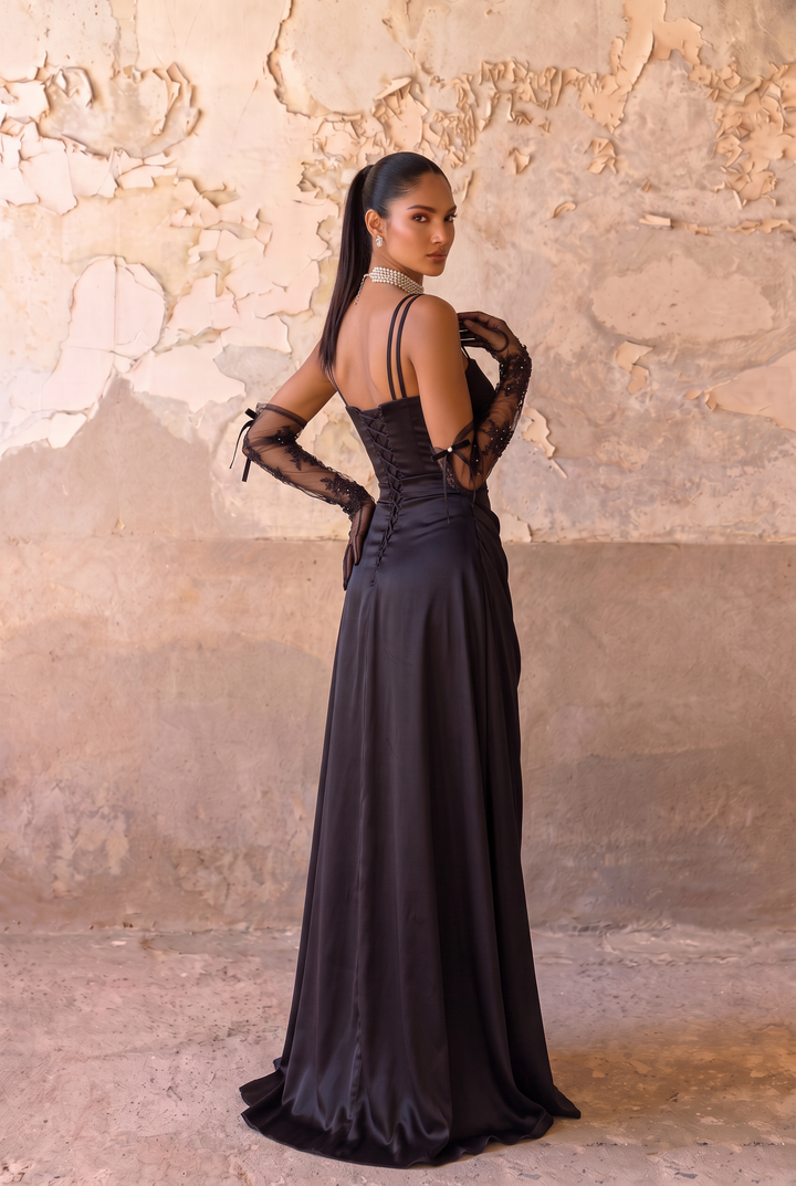 Black Satin Evening Dress with Double Spaghetti Straps & Lace-Up Corset Back, Square Neck Formal Gown Plus Size