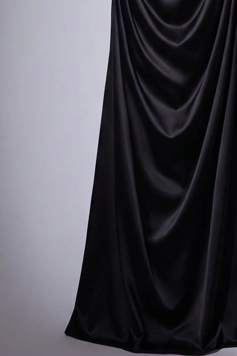 Black Satin Evening Dress with Square Neck, Spaghetti Straps and Draped A-Line Skirt – Elegant Formal Gown Plus Size