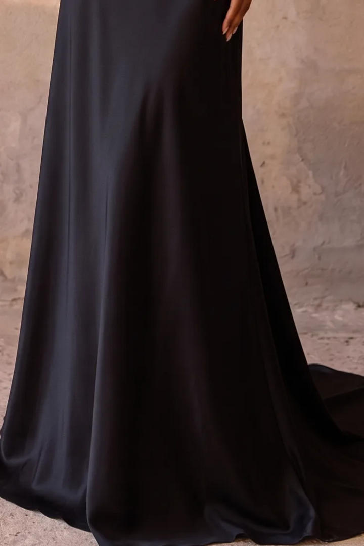 Black Satin Evening Gown with Cowl Neckline - Pearl Strap Slip Dress with Low Back - Elegant Black Formal Gown with Train Plus Size