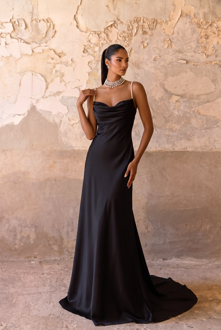 Black Satin Evening Gown with Cowl Neckline - Pearl Strap Slip Dress with Low Back - Elegant Black Formal Gown with Train Plus Size